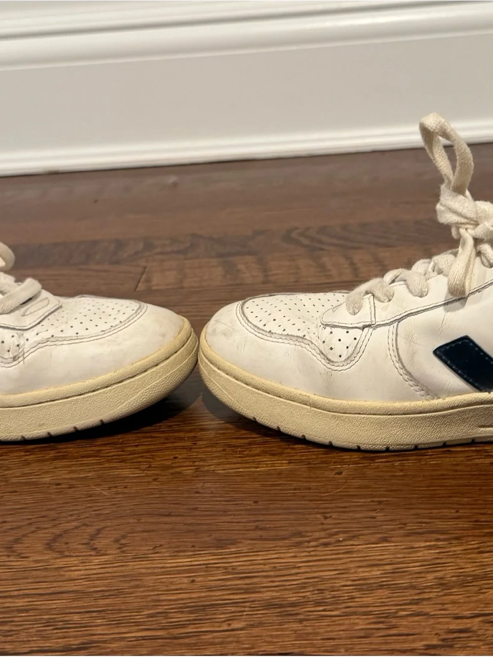 Veja White Sneakers with Navy V and Red Heel Tab